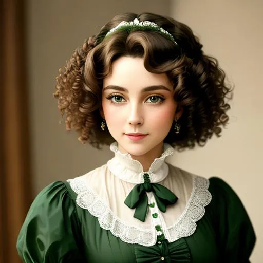 Prompt: 19th century lady all in green, curly hair, facial closeup