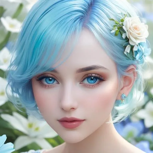 Prompt: beautiful woman, ethereal,dreamscape,, pale blue color scheme, light blue hair, pretty pastel flowers, closeup