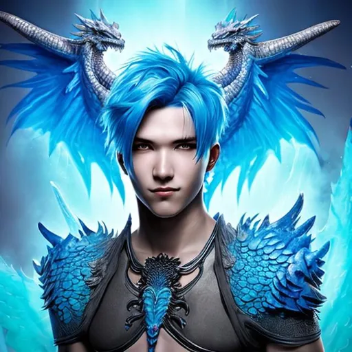 Prompt: Man with bright blue hair and dragon wings