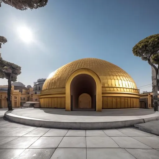 Prompt: simplet Flat single storey square building in concrete with no towers. No decorations. Seen from the outside. the roof shaped like a large  dome covered in gold symbolising the rising sun. Nothing on top of the dome. The building has windows with Gothic arches and a door shaped like a semicircle. A big door in the shape of a half circle with sun rays emanating from it