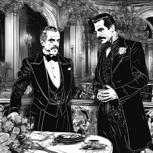 Prompt: (Boris Karloff talking to Vincent Price), Black and White pen and ink sketch style, dark color scheme, elegantly gothic attire, intricate details, dim lighting, dramatic shadows, opulent background, luxurious textures, ornate furniture, deep reds and blacks, baroque patterns, solemn atmosphere, rich color tones, dark romanticism, ultra-detailed, 4K, photorealistic masterpiece, timeless elegance.