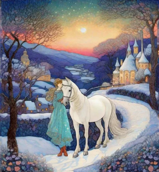 Prompt: Inlay Aubusson tapestry: a winter enchanted beautiful princess and her white horse, a whimsical village landscape background under a beautiful twilight night sky art by Jane Small, Edmund Dulac, Iris Scott, John Lowrie Morrison, Regina Valluzzi, Thomas Edwin Mostyn, Barbara Takenaga, John Piper, Abanindranath Tagore, John Bauer. 3/4 portrait, beautiful pastel aquarelle colours, crispy quality, cinematic smooth, polished finish, high quality, very clear resolution, blue, gold and rose tones, metallic glow