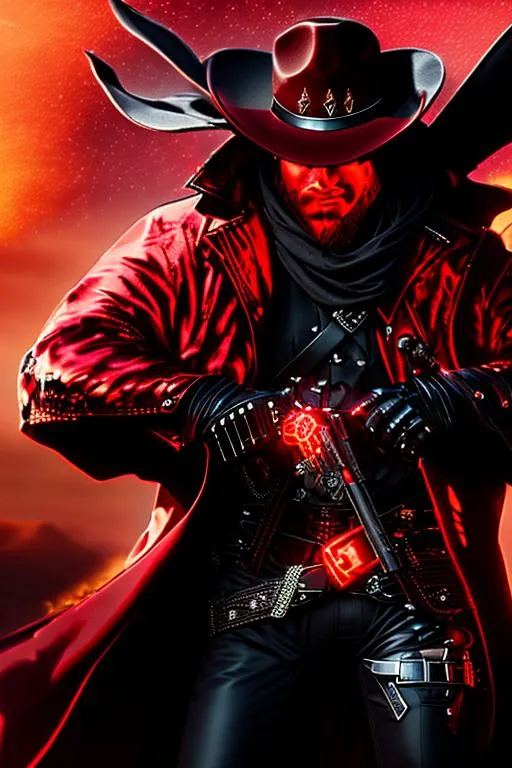 Prompt: ((Cyber Cowboy with 4 Arms))!!, fiery red Poncho, Dressed in black duster and Stetson Cowboy Hat, with Red Sunglasses, Haunting Presence, Photorealism, Hyperrealism, Intricately Detailed, Hyperdetailed, Desert Wild West Landscape, Dusty Midnight Lighting, Filmic, Movie Quality, 8K Resolution, Wild West Feel