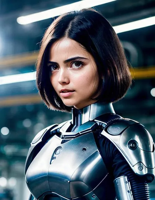 Prompt: 64K Ultra-Realistic Ultra-Detailed Nanotech Cyborg Alita Battle Angel in a Robotic Factory. Silky Bob-Styled Hair with Choppy Layers framing her strikingly beautiful young face perfectly. Bright Brown Almond-Shaped Eyes. Straight Nose, High Cheekbones. Small Rounded Chin. Full Moist Lips. Flawless Skin Glistening in Sweat.