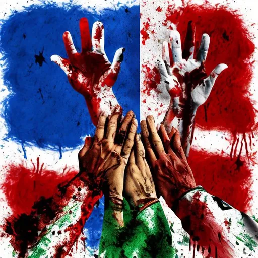 Prompt: Create an album cover with the Italy flag and American Flag mixed with drugs and money. I want there to be two hands with blood on them praying.