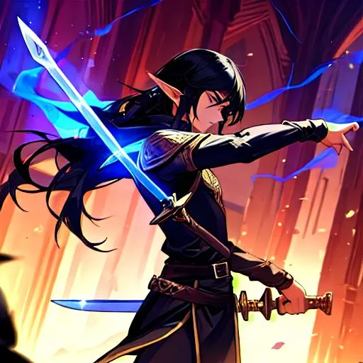 Prompt: A slim built half elf male fighter sorcerer dnd fantasy black hair with a long sword