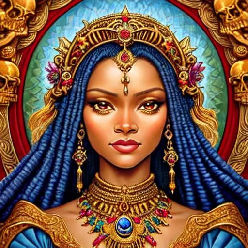 Prompt: Arthur Adams's Thomas Ascott's Ivan Bilibin's Mary Blair's painting depicting, symmetrical, rihanna close-up portrait, intricate airy jewelry, dress of death,  Insanely detailed elaborate beautiful half body hecate in hindu style goddess with death dress, screaming, intricate skulls, intricate face, beautiful long curly dreads ,hyper detailed painting