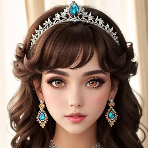 Prompt: Princess with pretty jewelry and makeup, curly brown hair, dark eyes