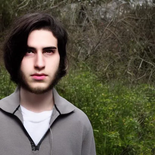 Prompt:  a stereotypical intp young adult male with grey eyes, hair  black as jet and pale white skin
