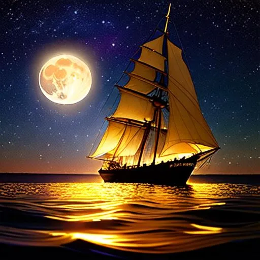 Prompt: Whisked away into the dark night illuminated with tiny particles of magical stardust, the voyager drifts afloat on the still ocean water which reflects a giant moon. Gentle ripples form on the ocean's water surface as the ship sways gently in the wind. Moonlight caresses the old wooden surfaces of the ship, its tattered sails torn and left to rot, its creaky boards left unmaintained, debilitated and unattended. 