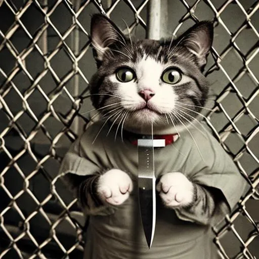 Cat holding knife in prison in prison uniform | OpenArt