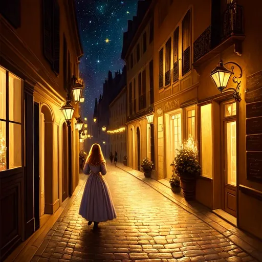 Prompt: painting of a woman, nighttime, 1700's france, city street, ancient, historical, galaxy, soft light, pastel colors, muted color scheme, art, painting, fireflies