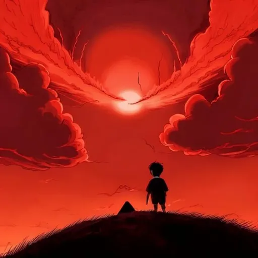 Prompt: Create a image where a boy seeing an angel falling from the sky from his rooftop and behind the angle the sky looks bloody red ,the sky giving the image of devil .and the boy shivering I'm fear seeing the scene befold .
