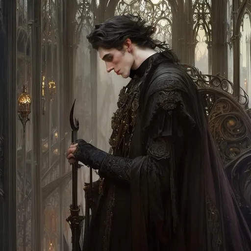 Prompt: Full body splash art of skinny male, androgynous, handsome, very long dark hair, pale skin, victorian clothes, elegant, highly detailed, intricate, smooth, sharp focus, artstation, digital painting, concept art, art by greg rutkowski, alphonse mucha and John William Waterhouse, dark, eerie, gothic, creepy, romantic, insanity