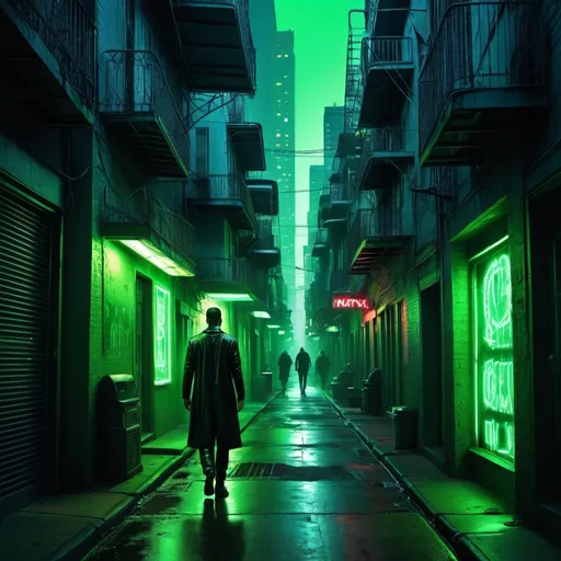 Prompt: Matrix-themed art of New Orleans, green neon-lit streets, mysterious alleyways, futuristic cityscape, cyberpunk, highres, ultra-detailed, atmospheric lighting, surreal, dynamic composition, dramatic shadows, futuristic fashion, bustling nightlife, professional, immersive