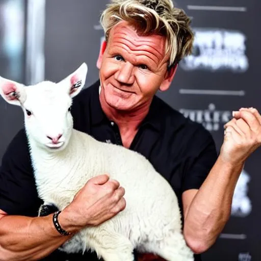 Prompt: Gordon ramsay holding a lamb by it's throat with a chef knife in other hand, realistic, high quality,