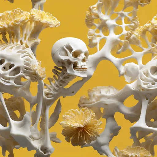 Prompt: marble sculpture of bones as alien flowers and plants. different variations, spinal structure as stem, and other petal and leaf configurations. yellow, white, and a little bit of red. high detail