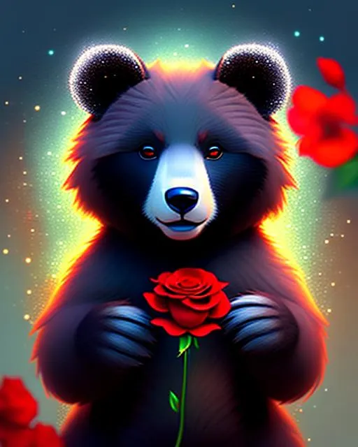 Prompt: Anthropomorphic Animal Character Bear holding a red rose, anime eyes, beautiful intricate Fur, shimmer in the air, symmetrical, In the style of FairyTale, Concept art, digital painting, looking into camera, square image