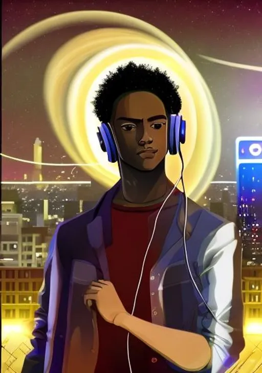 Prompt: Young black male with headphones, age 24 ,uncombed hair, neo future Tokyo, city lights night background