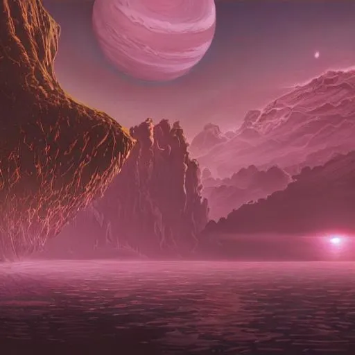 Prompt: Lovecraftian highly futuristic new planet landscape beautiful lake
