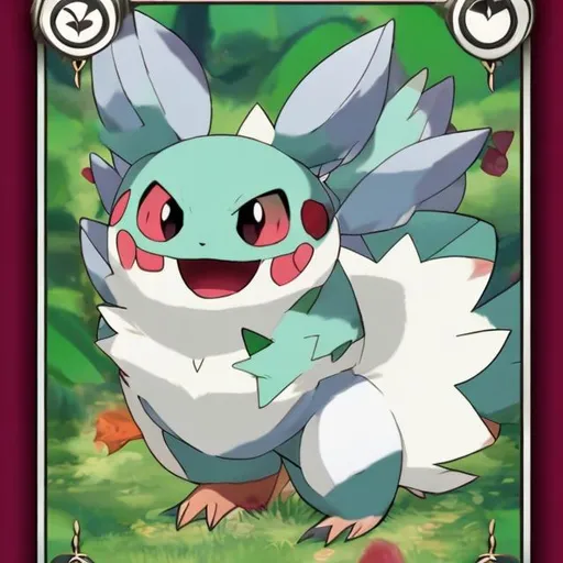 Prompt: Pokemon playing card of a warermellon pokemon with green, red, and white fur and black seeds