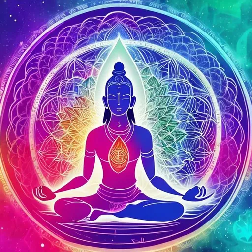 Prompt: In the center of the graphic, you can have a meditating yogi in a peaceful posture, surrounded by vibrant chakra points in various colors. The yogi could be represented in a geometric style, incorporating sacred geometry symbols, such as flower of life or Sri Yantra, to emphasize the spiritual aspect.

Around the yogi, you can depict a circle of warriors, each showcasing their unique combat stances or hand-to-hand combat techniques. These warriors can be illustrated in a dynamic and powerful way, highlighting their strength and discipline.

To convey the gentle and kind nature of the yogi and the lively party atmosphere, you can add subtle elements such as flowing ribbons or petals intertwining with the warriors’ movements. 