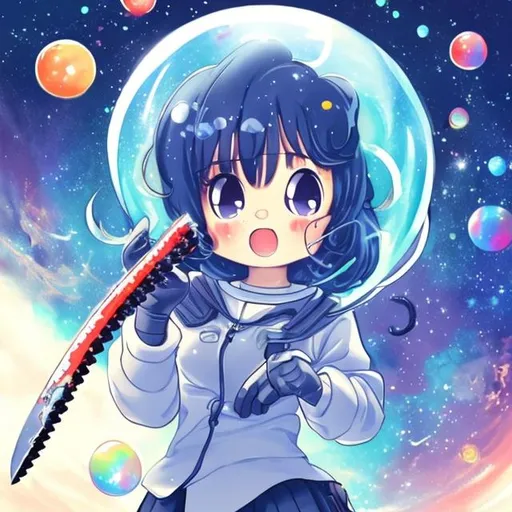 Prompt: Cute bubbles anime girl holding a bloody nife in space
