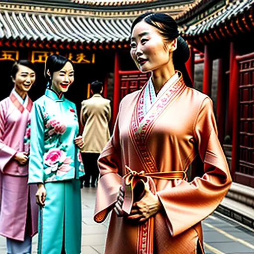 Prompt: An Asian woman is wearing a necktie with traditional Chinese garb. The woman is wearing overcoat robe that looks similar to a business suit. The woman looks like a terra cotta warrior in Hanfu. The woman is wearing a mix of a business suit and East Asian attire, the person is wearing a fancy sun hat, the person is surrounded by Chinese domed buildings, landscape, realistic, photograph