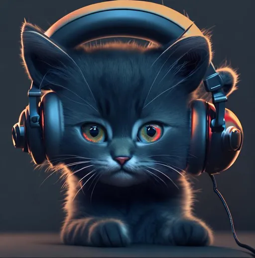 Prompt: 3d rendering, kitten, wearing headphones, bloodshot eyes