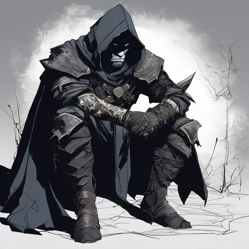 Prompt: (Half-Orc Assassin), crouched in a dark, shadowy environment, poised and alert, intense gaze focused on the target, wearing dark, tattered leather armor, hooded cloak shrouding face, murmurs of ethereal night atmosphere, contrasting shadowy hues with faint moonlight illuminating edges, (highly detailed), tension-filled ambiance, creating suspenseful mood, ultra-detailed, 4K.