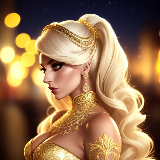 Prompt: Profile of a woman who looks like Lady Gaga, intricate long flowing hair, wearing an elegant dress, gold filigree decoration in her hair, dark contrast, 3D lighting, soft light, nighttime in the city background, stars, sparkles, bokeh