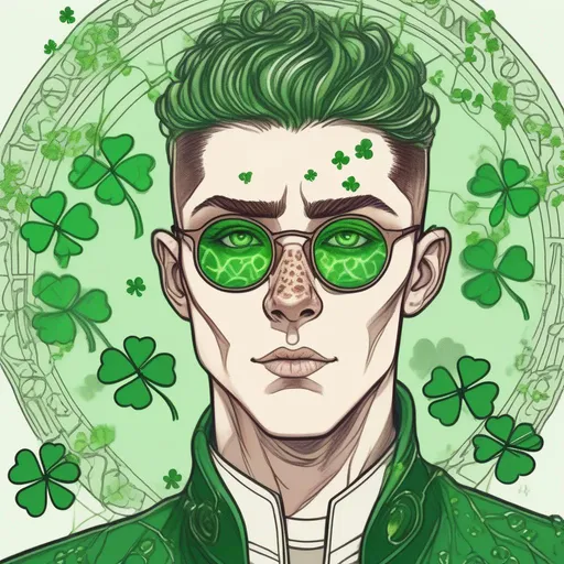 Prompt: a 2d art pen drawing of an irish freckled beautiful handsome brown haired male with green shamrocks, very short slicked back pompadour undercut with shaved sides and chestnut wisps, wearing a sorcerer mantle and round glasses, green amalgam shades with emerald dull lenses, burning eyes, intricate, pale milky skin, birth marks, sharp focus, in the style of Ivan Bilibin, Ernst Haeckel, Daniel Merriam, watercolor and ink