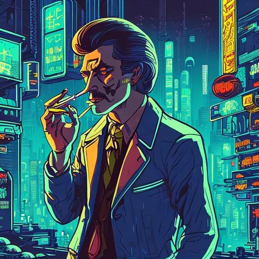 Prompt: A 1970's fashioned Man smoking in a cyberpunk City at night coloured with cyberpung games colour palette
