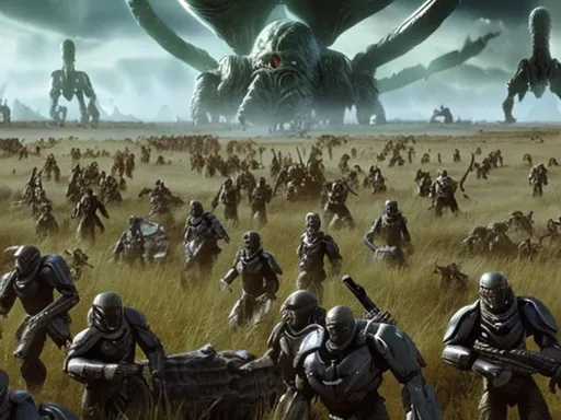 Prompt: Armies of humans & sasquatch working together to battle alien slave soldier invaders on an open plain.