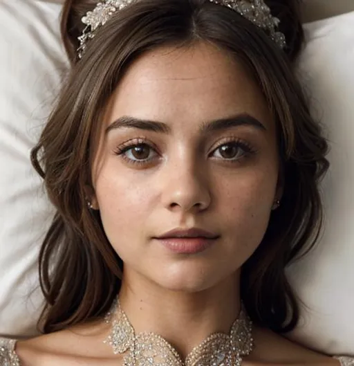 Prompt: Jenna coleman, closeup photo, resting head on bed pillow, very close to face, hyper detailed perfect face, beautiful, portrait, eye contact, smiling #Maidchloetattlock# woman , high-resolution perfect face, perfect proportions, intricate hyperdetailed hair, light makeup, in hotel, highly detailed, intricate hyperdetailed eyes, ethereal, graceful, HDR, UHD, high res, 64k, cinematic lighting, special effects,