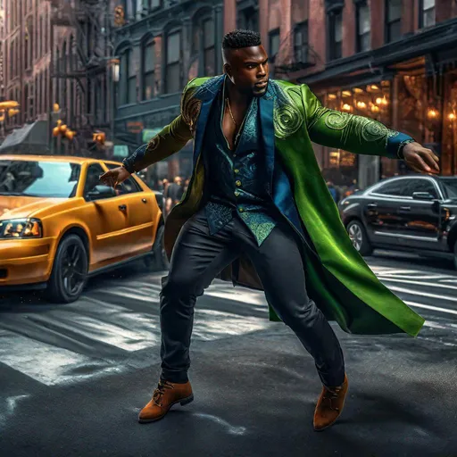 Prompt: Hulking Black Man magician in urban clothes , hdr render, soft lighting , full body, digital painting, studio photo, intricate details, professional, highly detailed, 8k uhd, epic, stunning, in New York city, action shot, soft, voluminous 