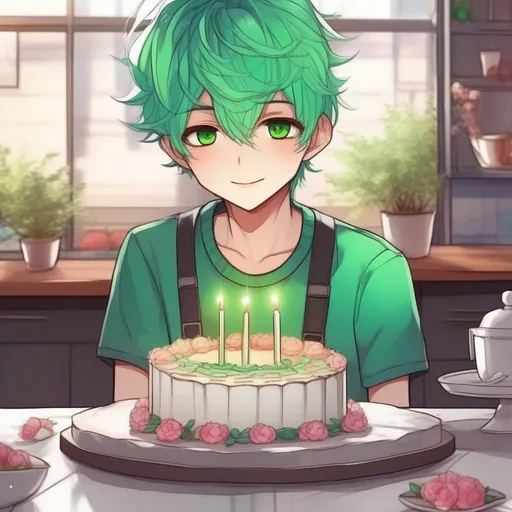 Prompt:   anime boy manhwa style cute and pretty, with eye pretty detailed,  slide of cake , with green hair, Bright style, 