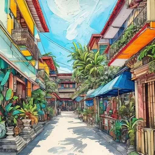 Prompt: penang，city ​ street culture，illustration style, Hand-drawn animation, impasto painting, Malaysia, Southeast Asian style architecture, hand-drawn style, tropical rainforest island，city ​​centre，anime, walking on empty streets, listening to music, houses and shops around, clear reflections, architectural parts, super detail,