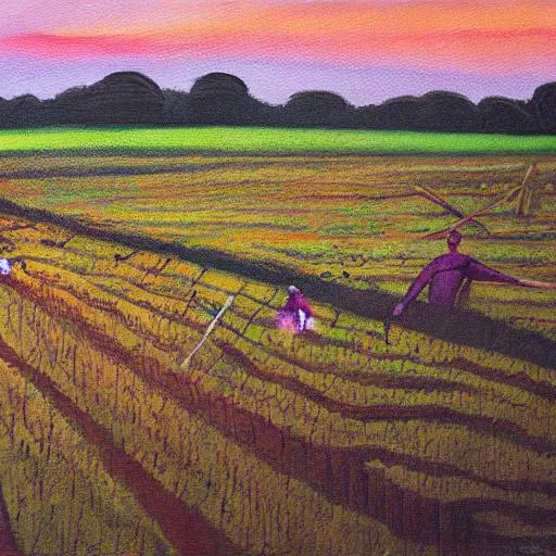 Prompt: painting of woman farming in field during sunset