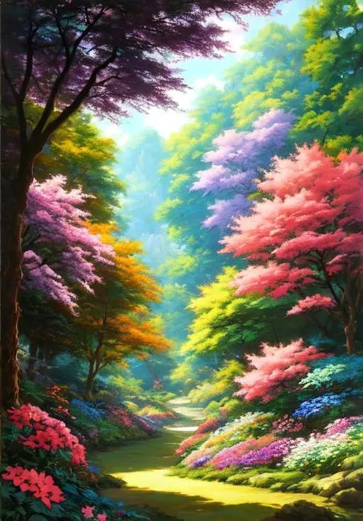 Prompt: UHD, , 8k,  oil painting, Anime,  Very detailed, zoomed out view of character, HD, High Quality, Anime, deep within a Pokemon flower forest, bright colors, large flowers, bright, background image

Pokémon by Frank Frazetta