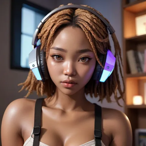 Prompt: 25-year-old African-Korean woman, wearing light-up gaming headset with attached microphone, chocolate brown skin, deadpan expression, 桃花眼, black iris, epicanthic fold, full sienna lips, chubby cheeks, wide bridge button nose, no makeup, brunette and blonde mini twists hair, detailed eyes, lips, hair, curvy overweight physique, grunge top, straight soft eyebrows, soft features, nose ring, at home with anime figurines on shelf, dusk, high-res, intense gaze, detailed, atmospheric lighting, close-up, realistic