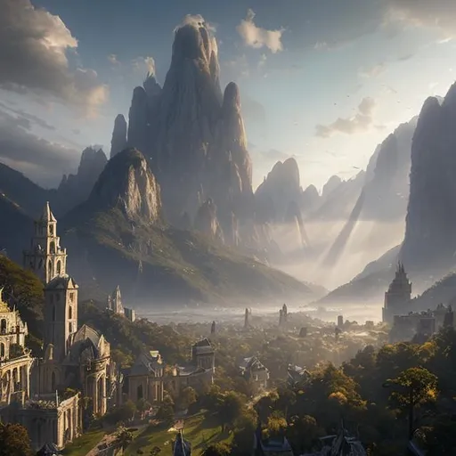 Prompt: magic, tall towers, sunlight, white marble, god rays, digital art, mountain side, landscape, fantasy art, octane render, unreal engine, high detail, very realistic, by greg rutkowski. by james gurney