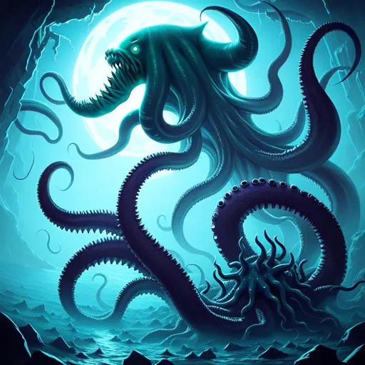 Prompt: very scary digital art of giant thalassophobia-inducing underwater monster with tentacles inspired by H.P. Lovecraft