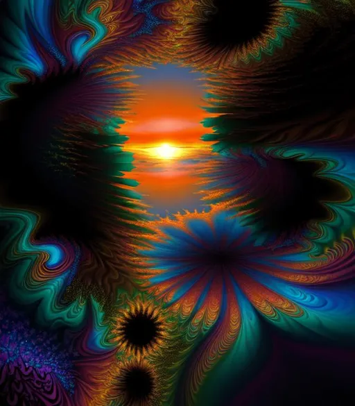 Prompt: 3D HD Mandelbrot Julia Fractal inky sunset ({Sun}flower) freeform puffy psychedelic Tropical Island 
 chaos --s98500
