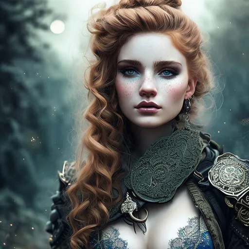 Prompt: Insanely detailed Portrait photograph of beautiful woman in army clothes, she has curly redhead hair and a dirt-smeared ultra detailed face, lacy white blue eyes, silver circlet, cleavage, soft face, deep colors, full moon lighting glow background, shadows, Breathtaking Fantasycore Artwork By Android Jones, Jean Baptiste Monge, Alberto Seveso, Erin Hanson, Jeremy Mann. Intricate Photography, A Masterpiece, 8k Resolution Artstation, Unreal Engine 5, Cgsociety, Octane Photograph, sharp focus