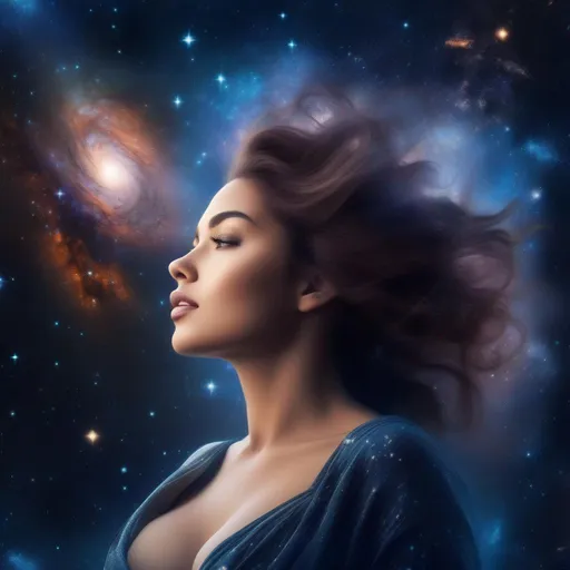 Prompt: A Goddess,  incredible all body view of a incredible bodied, incredibly beautiful faced woman with a buxom perfect body falling backwards  through space, nebulas, stars, planets, the milky way and galaxies