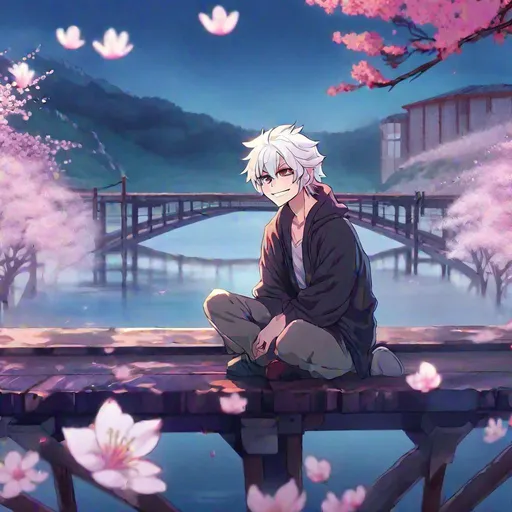 Prompt: insane, cute anime boy with white wavy hair sitting on an abandoned bridge gazing into the water beneath him as cherry blossoms are in the background smiling, foggy background, demon behind, zoomed out, fangs, aesthetic mask, scars, HD, 4K, vibrant colors that clash with dull background 