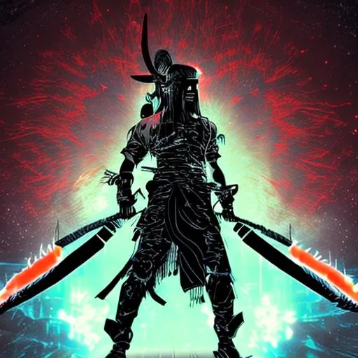 Prompt: Digital samurai holding out his sword being cool and the background being neon. The samurai is facing forward but his face is hidden