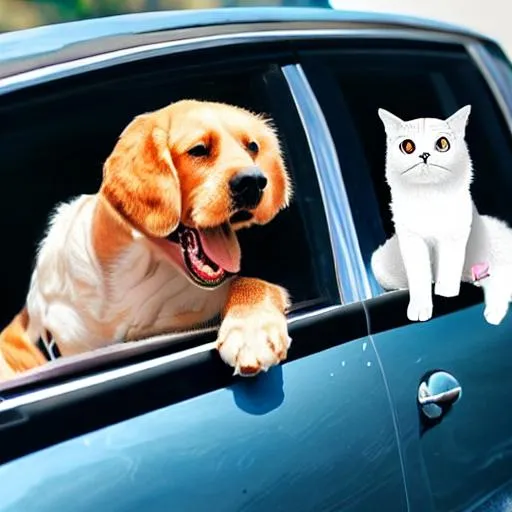 Prompt: Dog with a cat in a car
