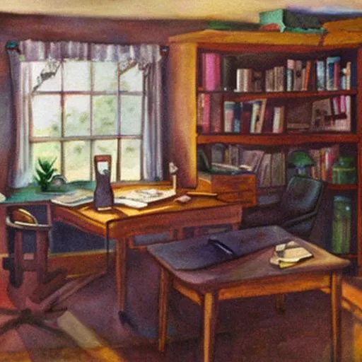 Prompt: A painting of a writer's office 